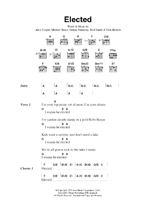Alice Cooper Elected sheet music notes and chords arranged for Guitar Chords/Lyrics