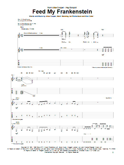 Alice Cooper Feed My Frankenstein sheet music notes and chords arranged for Piano, Vocal & Guitar Chords (Right-Hand Melody)