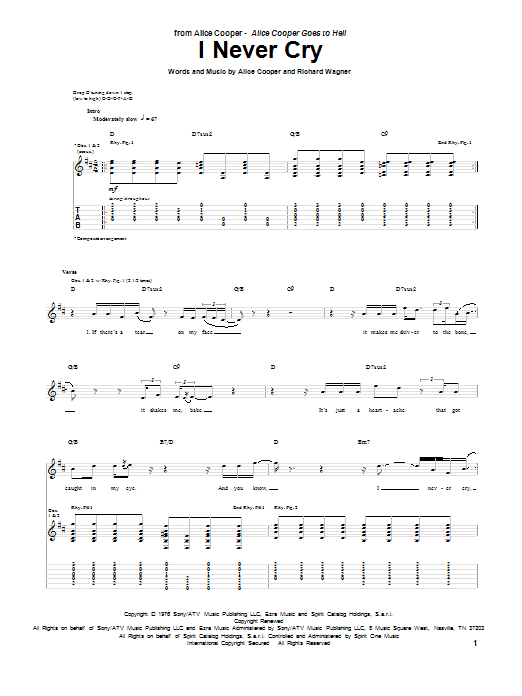 Alice Cooper I Never Cry sheet music notes and chords arranged for Guitar Tab