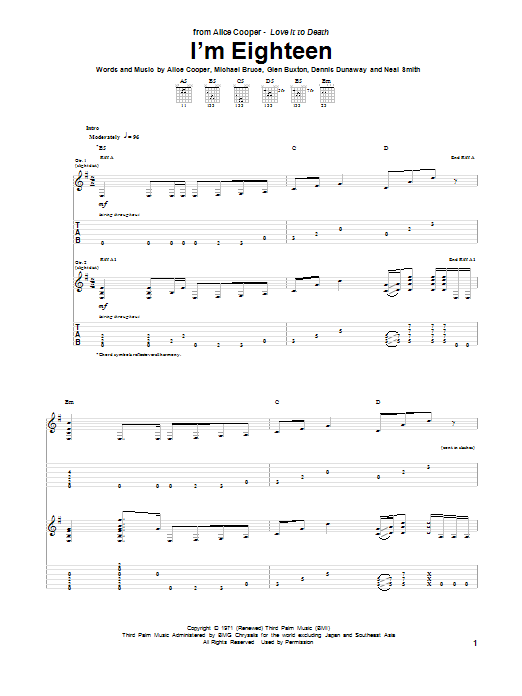 Alice Cooper I'm Eighteen sheet music notes and chords arranged for Guitar Tab