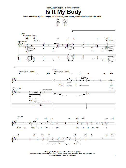 Alice Cooper Is It My Body sheet music notes and chords arranged for Guitar Tab