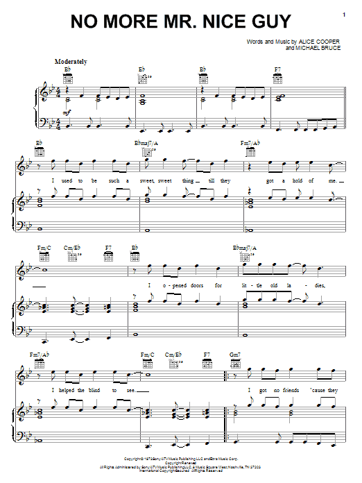 Alice Cooper No More Mr. Nice Guy sheet music notes and chords arranged for Piano, Vocal & Guitar Chords (Right-Hand Melody)