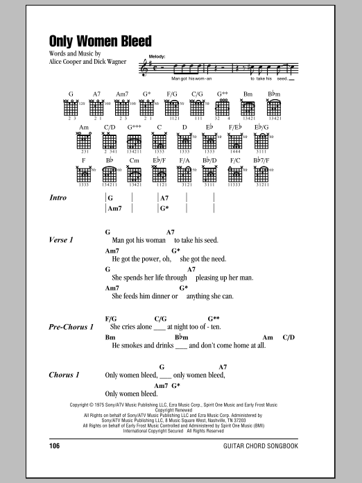 Alice Cooper Only Women Bleed sheet music notes and chords arranged for Guitar Chords/Lyrics