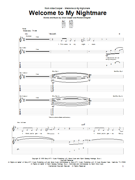 Alice Cooper Welcome To My Nightmare sheet music notes and chords arranged for Easy Guitar Tab
