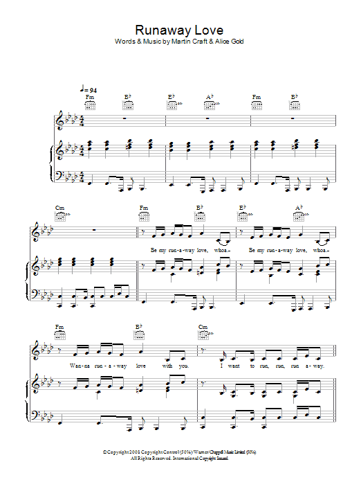 Alice Gold Runaway Love sheet music notes and chords arranged for Piano, Vocal & Guitar Chords