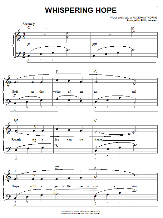 Alice Hawthorne Whispering Hope (arr. Phillip Keveren) sheet music notes and chords arranged for Easy Piano