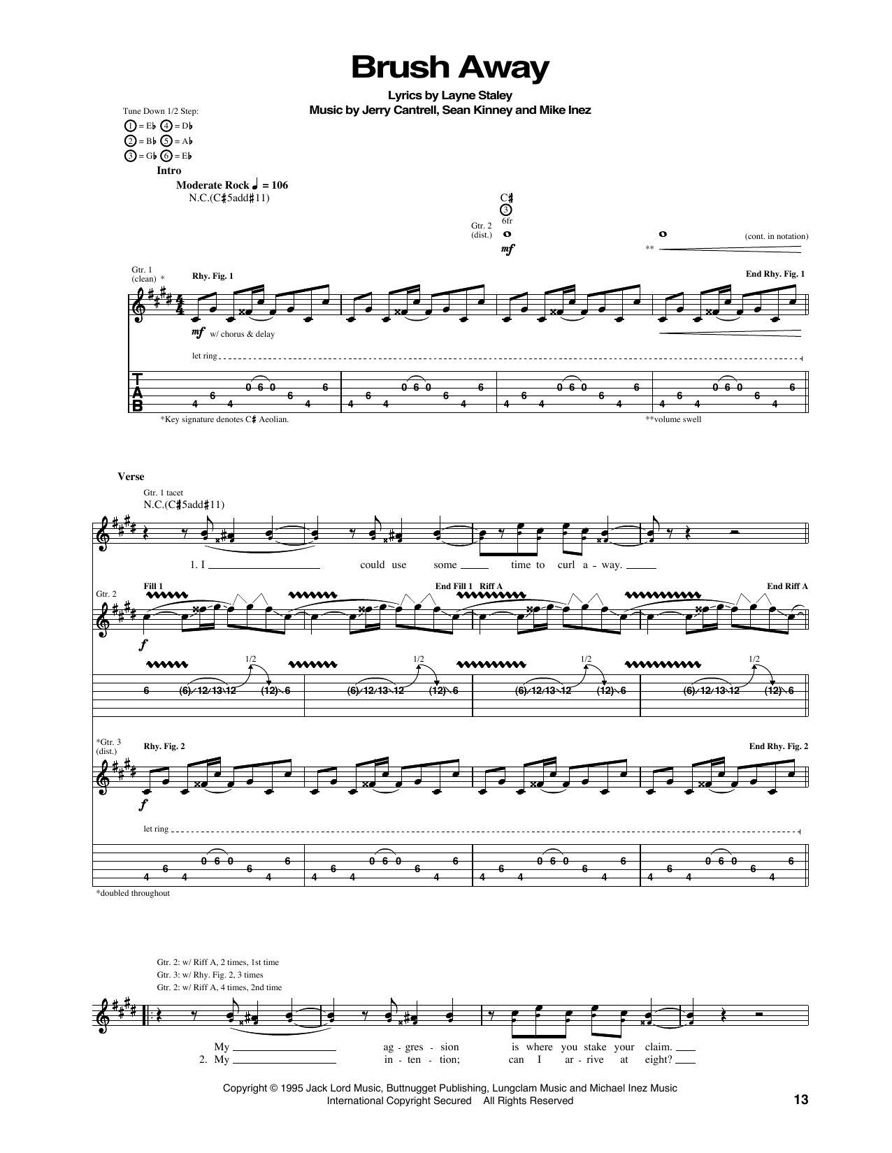 Alice In Chains Brush Away sheet music notes and chords arranged for Guitar Tab