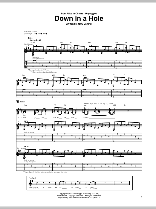 Alice In Chains Down In A Hole sheet music notes and chords arranged for Guitar Tab