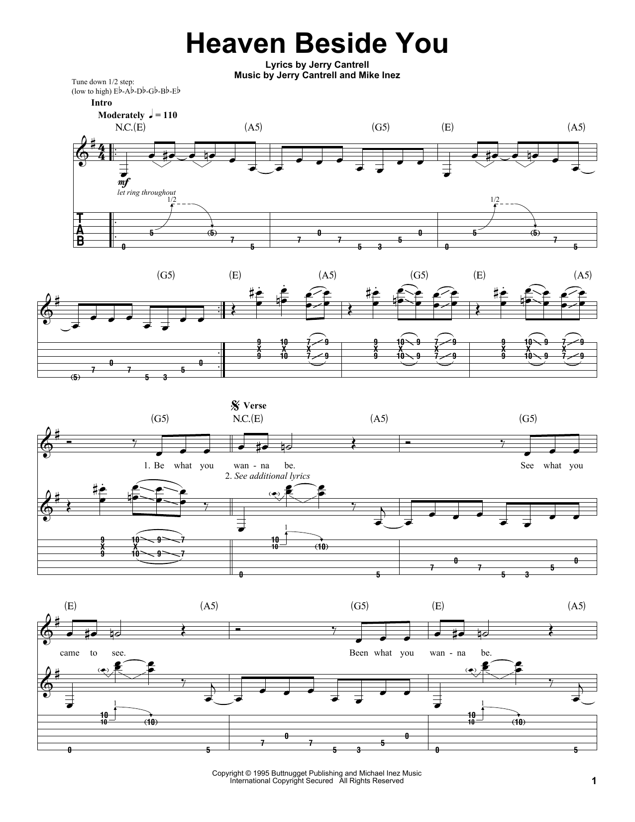 Alice In Chains Heaven Beside You sheet music notes and chords arranged for Guitar Lead Sheet