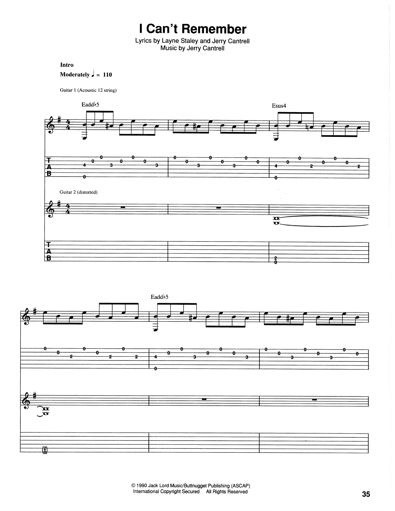 Alice In Chains I Can't Remember sheet music notes and chords arranged for Guitar Tab