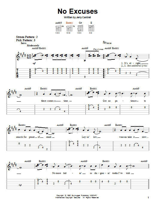 Alice In Chains No Excuses sheet music notes and chords arranged for Guitar Lead Sheet