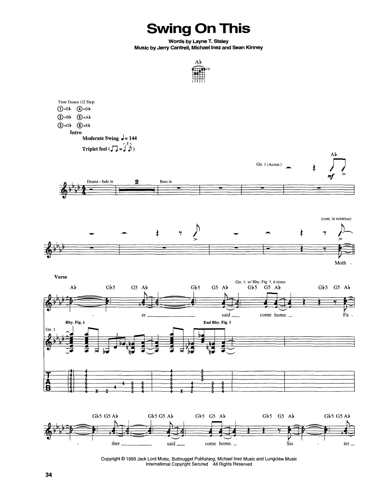 Alice In Chains Swing On This sheet music notes and chords arranged for Guitar Tab
