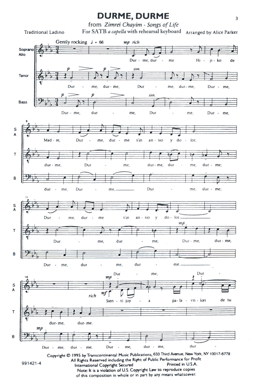 Alice Parker Durme, Durme (Sleep, Sleep) sheet music notes and chords arranged for SATB Choir