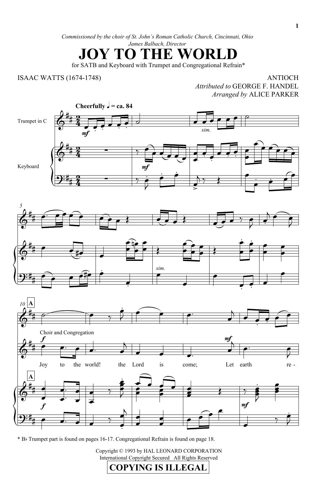 Alice Parker Joy To The World sheet music notes and chords arranged for SATB Choir