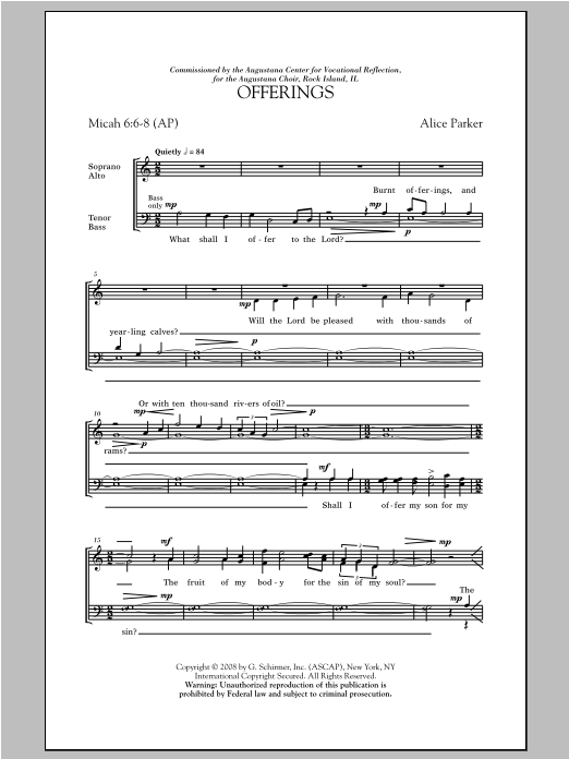 Alice Parker Offerings sheet music notes and chords arranged for SATB Choir