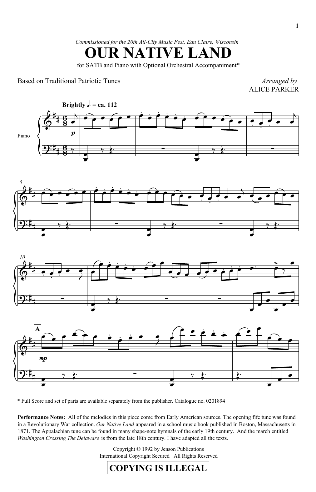 Alice Parker Our Native Land sheet music notes and chords arranged for SATB Choir