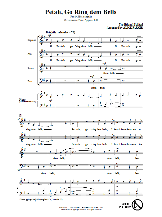 Alice Parker Petah, Go Ring Dem Bells sheet music notes and chords arranged for SATB Choir