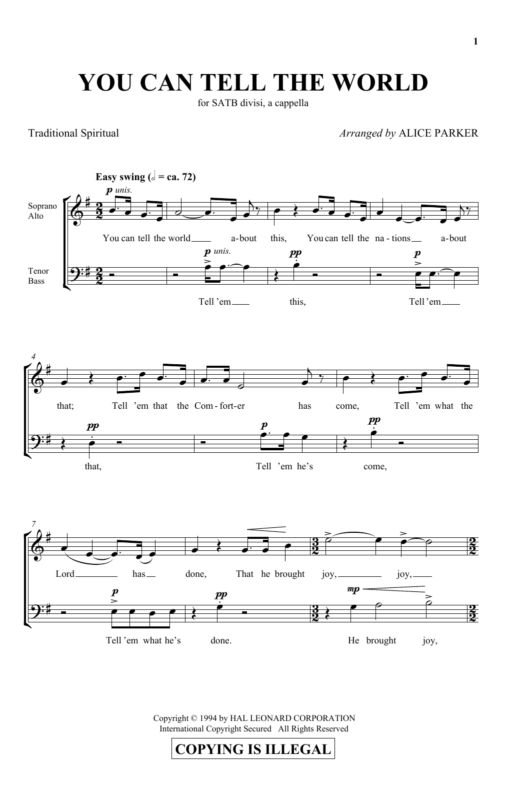 Alice Parker You Can Tell The World sheet music notes and chords arranged for SATB Choir