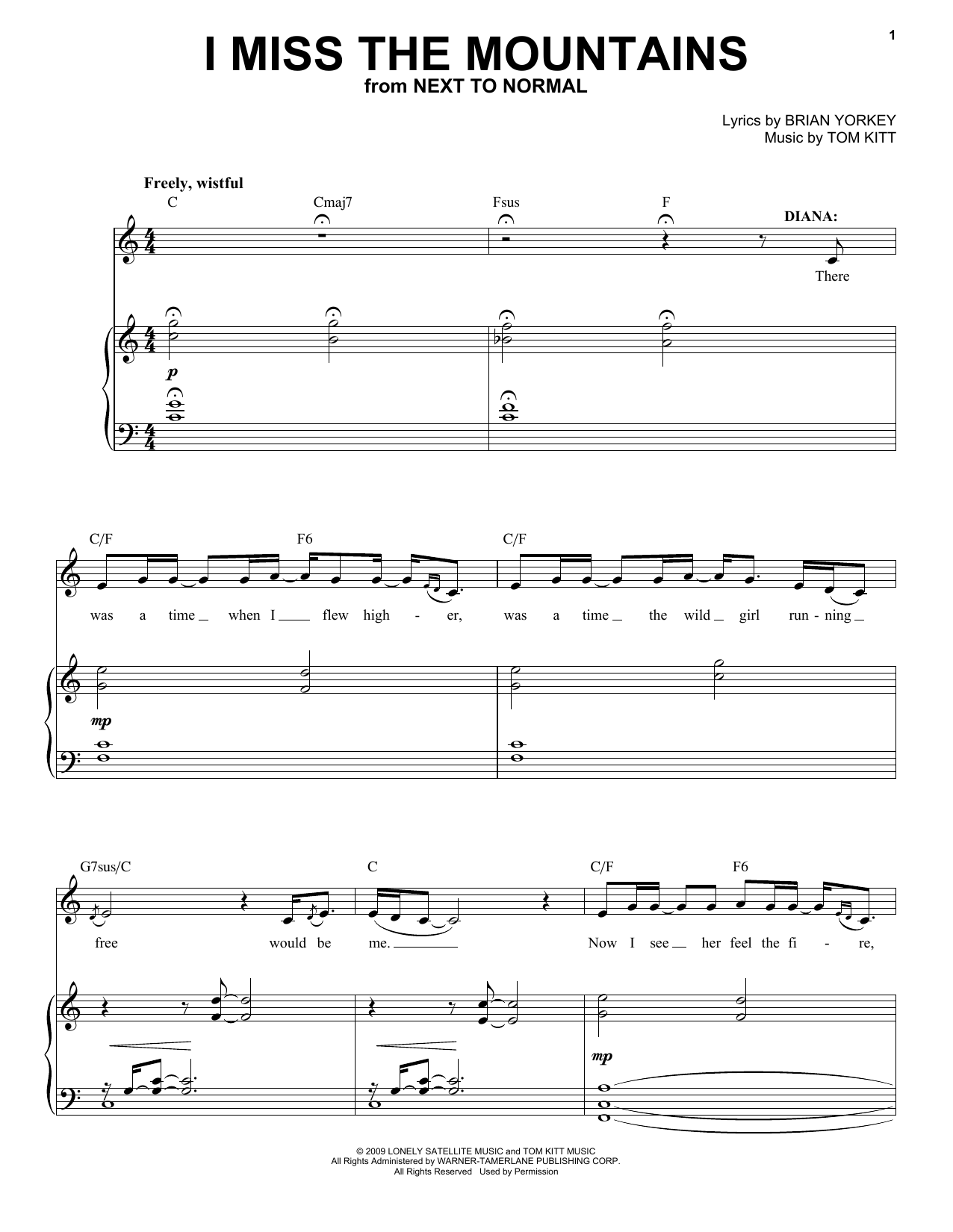 Alice Ripley I Miss The Mountains (from Next To Normal) sheet music notes and chords arranged for Vocal Pro + Piano/Guitar