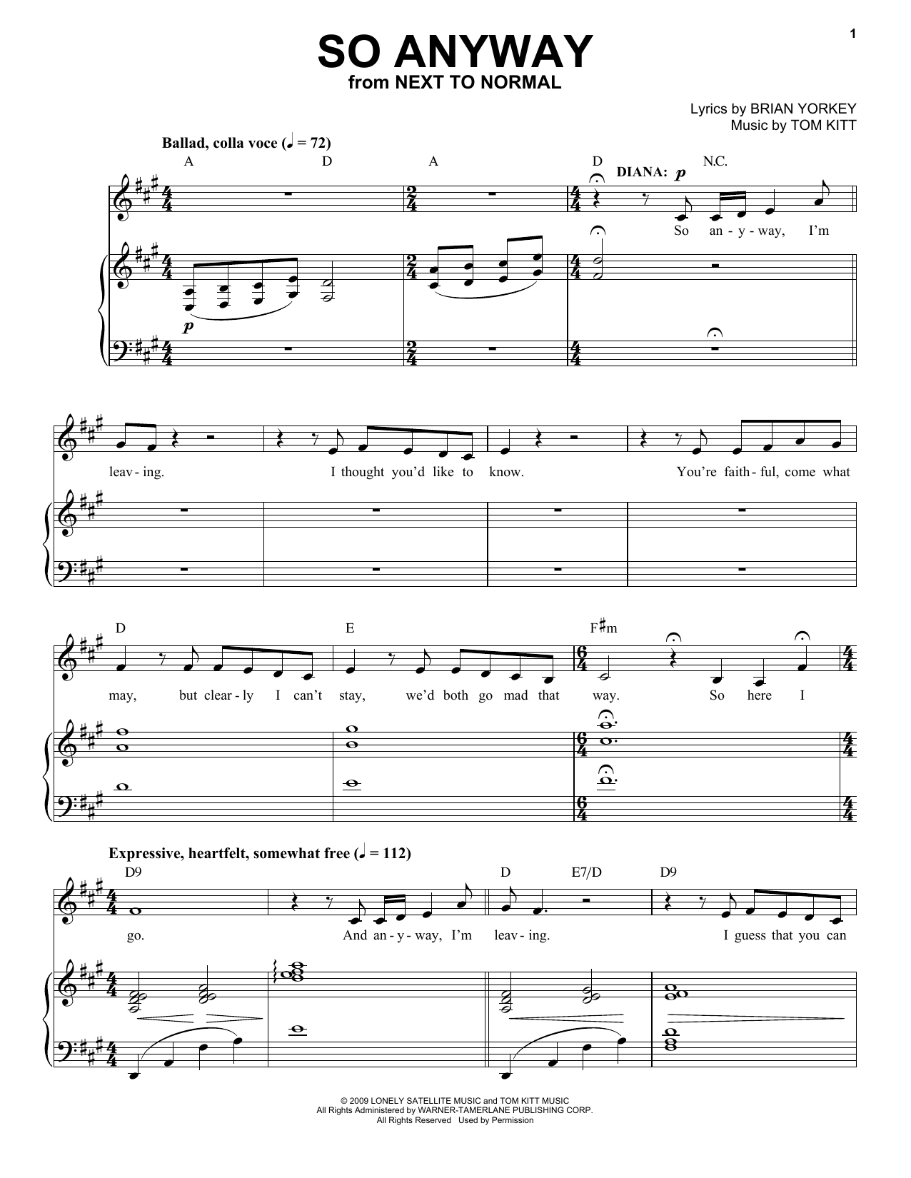 Alice Ripley So Anyway (from Next to Normal) sheet music notes and chords arranged for Piano & Vocal