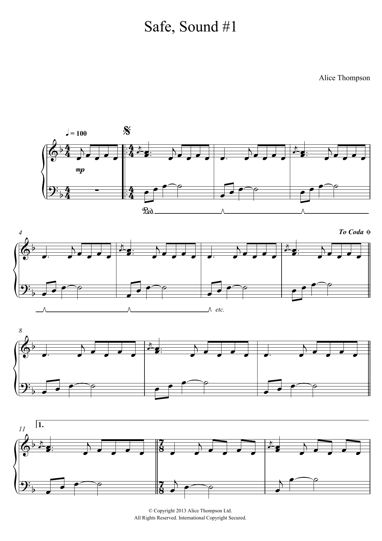 Alice Thompson Safe, Sound No. 1 sheet music notes and chords arranged for Piano Solo