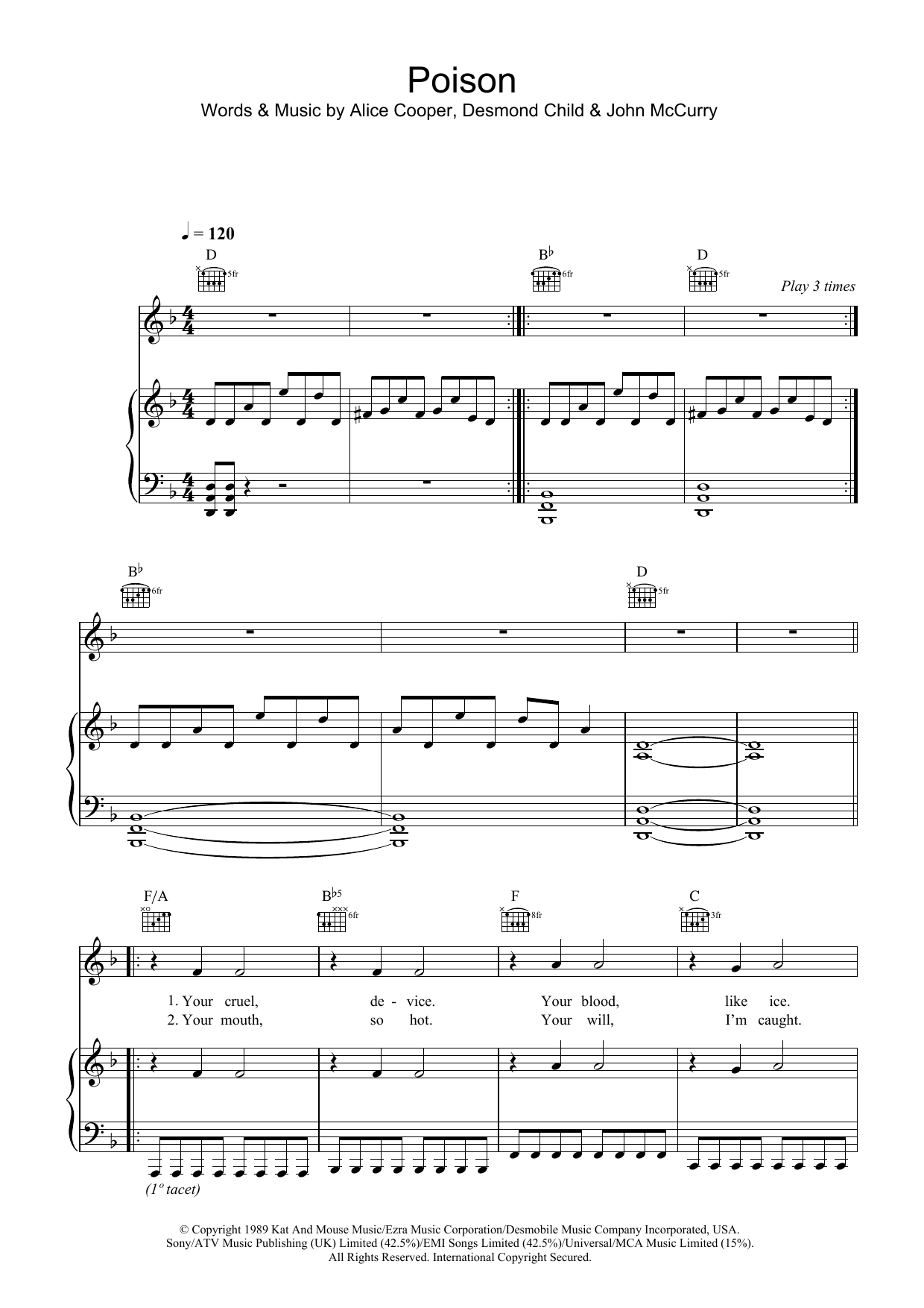 Alice Cooper Poison sheet music notes and chords. Download Printable PDF.