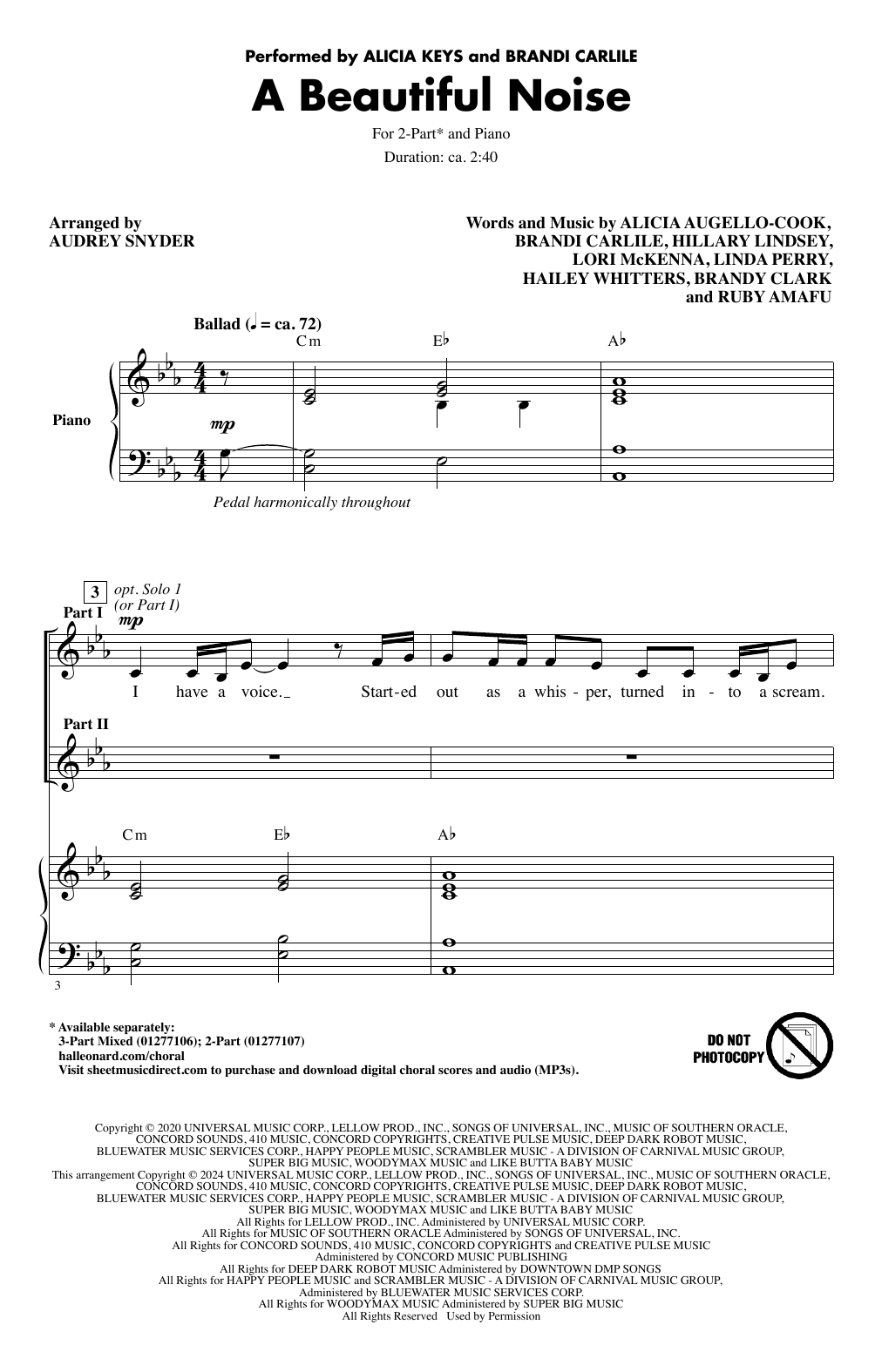 Alicia Keys & Brandi Carlile A Beautiful Noise (arr. Audrey Snyder) sheet music notes and chords arranged for 3-Part Mixed Choir