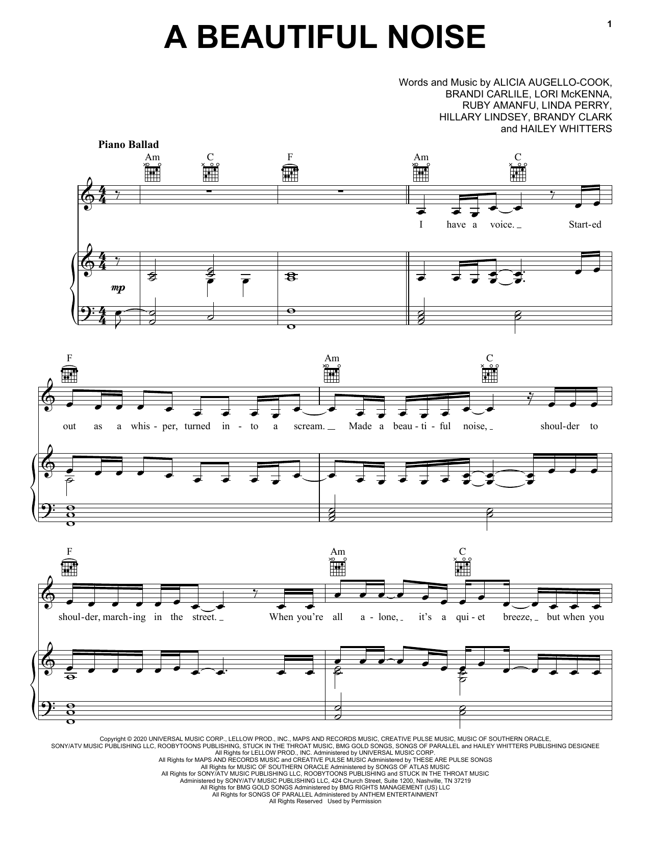 Alicia Keys & Brandi Carlile A Beautiful Noise sheet music notes and chords arranged for Piano, Vocal & Guitar Chords (Right-Hand Melody)