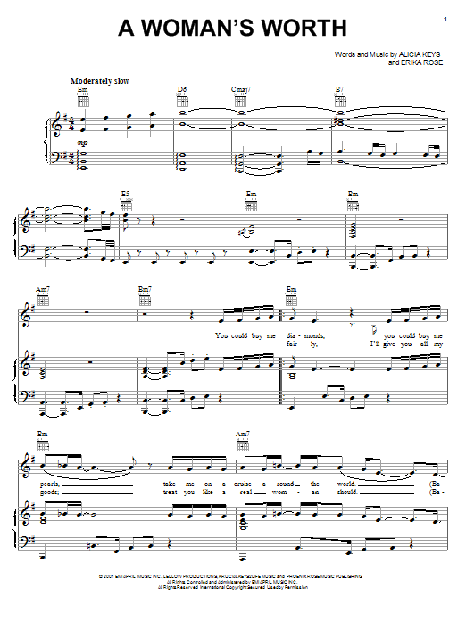Alicia Keys A Woman's Worth sheet music notes and chords arranged for Piano, Vocal & Guitar Chords (Right-Hand Melody)