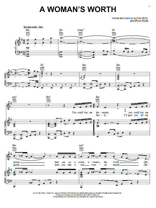 Alicia Keys A Woman's Worth sheet music notes and chords arranged for Easy Piano