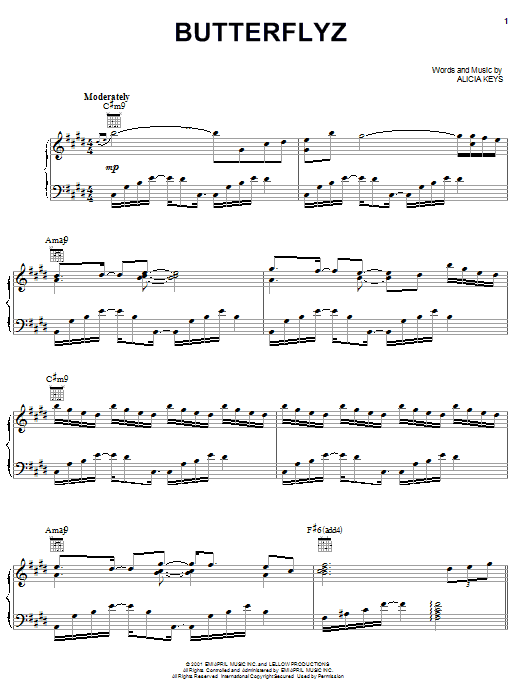 Alicia Keys Butterflyz sheet music notes and chords arranged for Piano, Vocal & Guitar Chords (Right-Hand Melody)