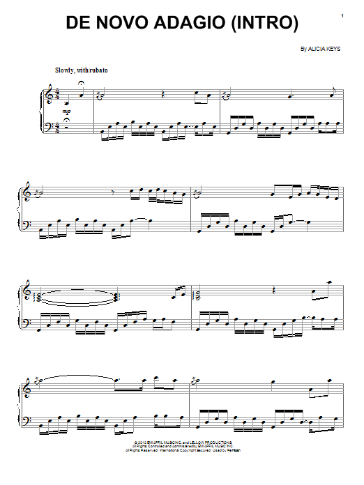 Alicia Keys De Novo Adagio (Intro) sheet music notes and chords arranged for Piano, Vocal & Guitar Chords (Right-Hand Melody)