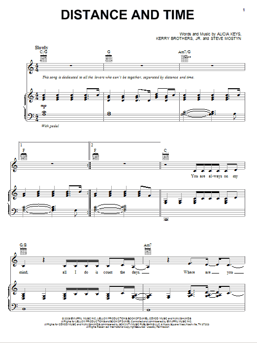Alicia Keys Distance And Time sheet music notes and chords arranged for Piano, Vocal & Guitar Chords (Right-Hand Melody)