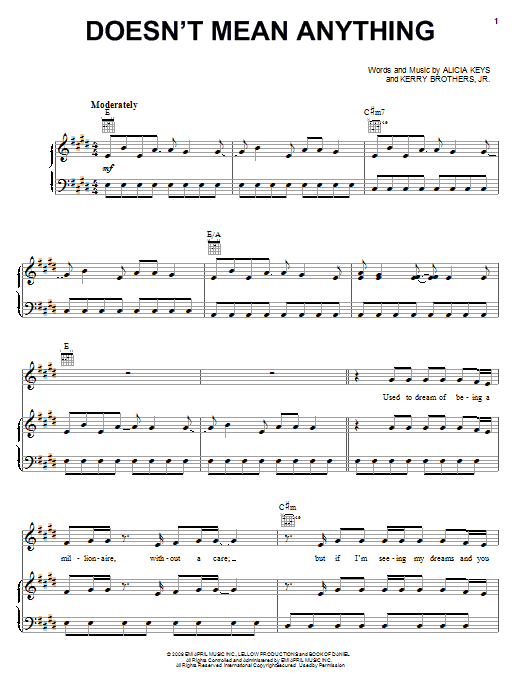 Alicia Keys Doesn't Mean Anything sheet music notes and chords arranged for Piano, Vocal & Guitar Chords (Right-Hand Melody)