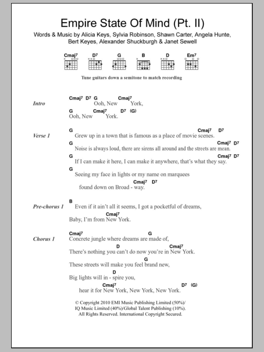 Alicia Keys Empire State Of Mind (Part II) Broken Down sheet music notes and chords arranged for Guitar Chords/Lyrics