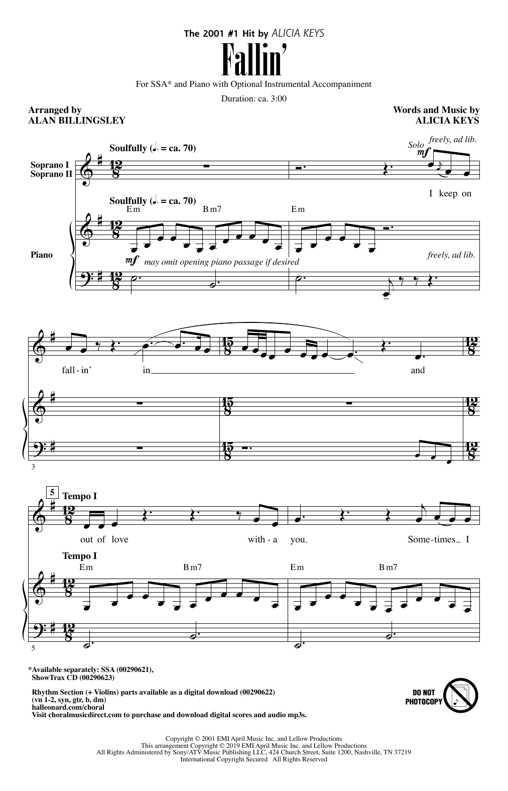 Alicia Keys Fallin' (arr. Alan Billingsley) sheet music notes and chords arranged for SSA Choir