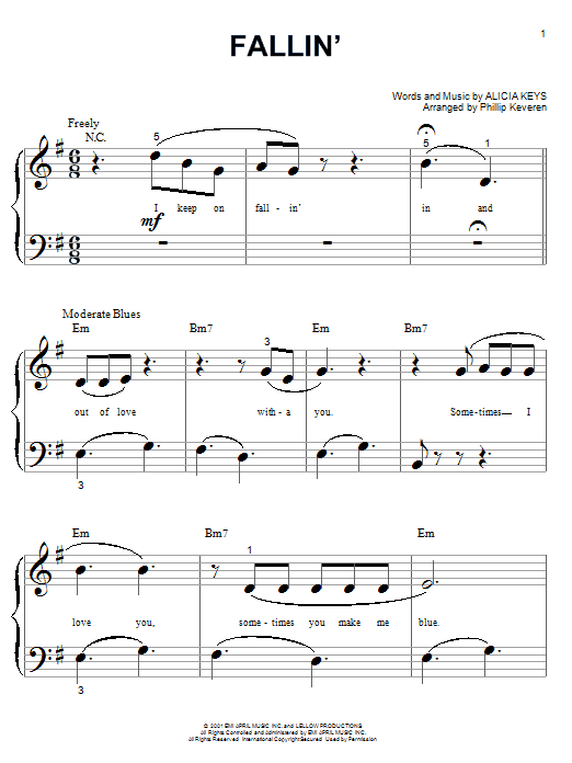 Alicia Keys Fallin' (arr. Phillip Keveren) sheet music notes and chords arranged for Big Note Piano