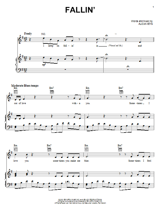 Alicia Keys Fallin' sheet music notes and chords arranged for Keyboard Transcription