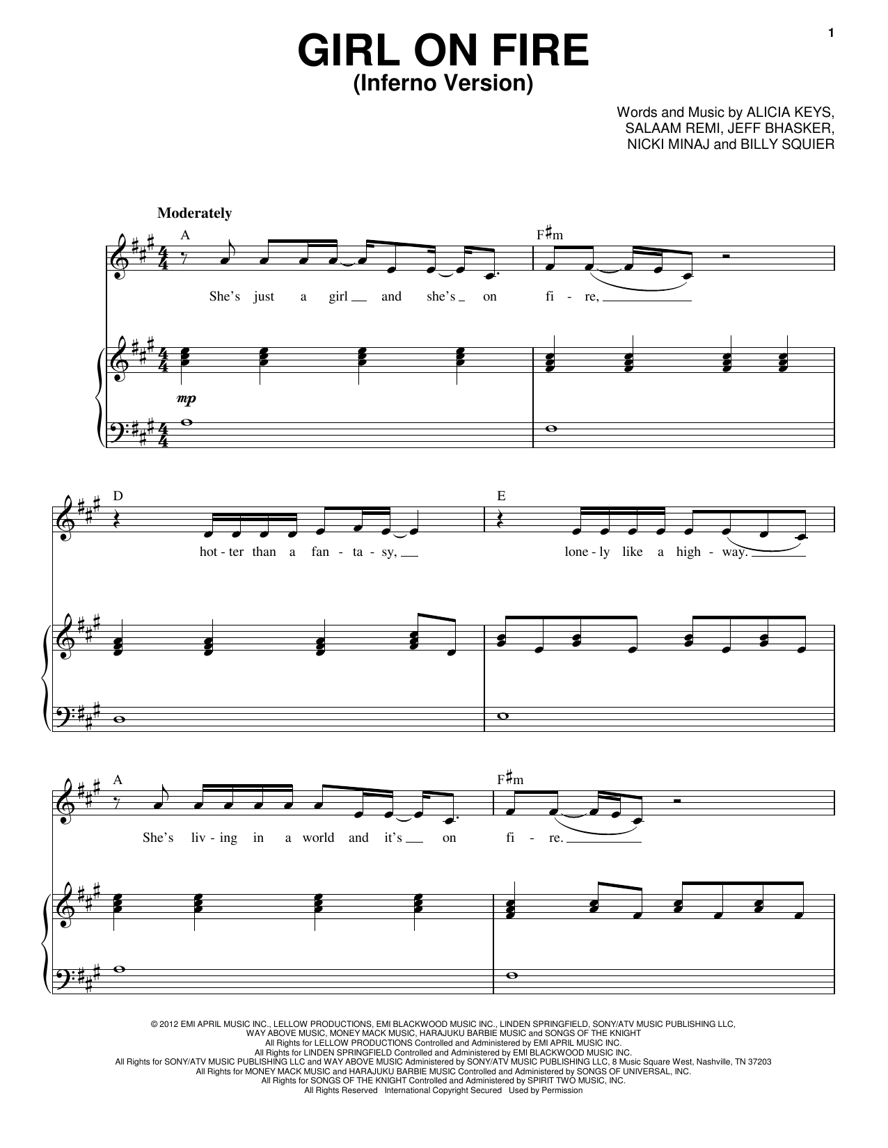 Alicia Keys Featuring Nicki Minaj Girl On Fire (Inferno Version) sheet music notes and chords arranged for Piano & Vocal