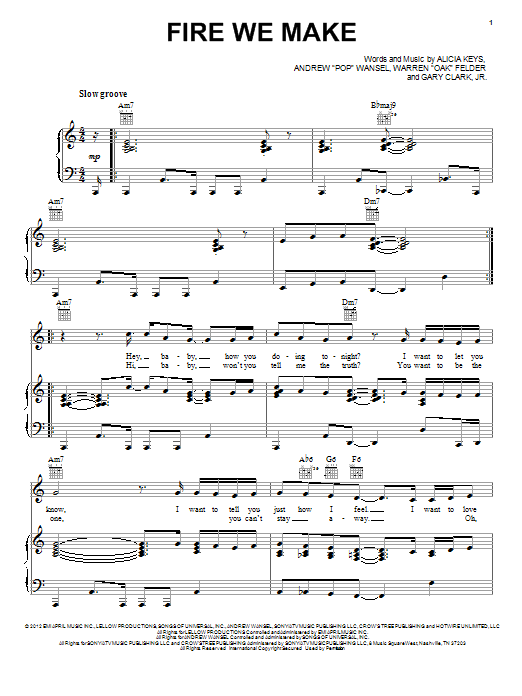 Alicia Keys Fire We Make sheet music notes and chords arranged for Piano, Vocal & Guitar Chords (Right-Hand Melody)