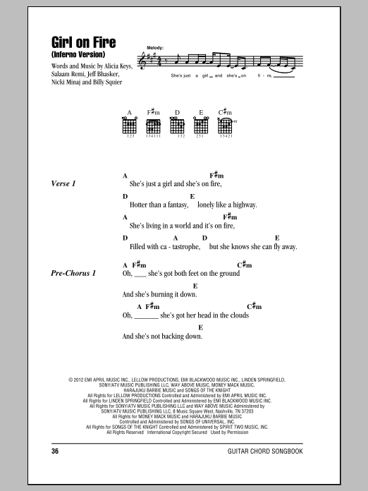 Alicia Keys Girl On Fire (Inferno Version) sheet music notes and chords arranged for Easy Guitar Tab