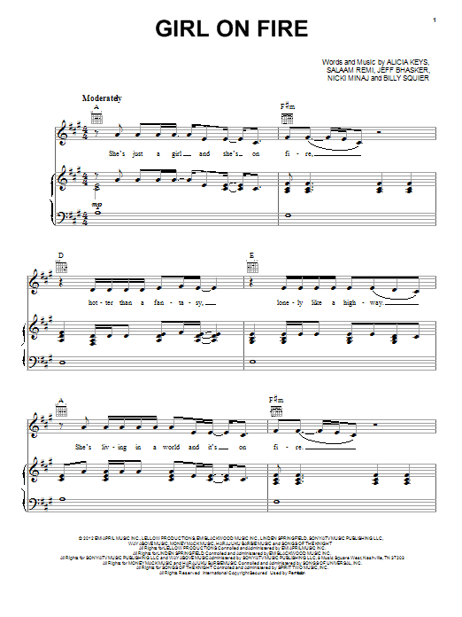 Alicia Keys Girl On Fire sheet music notes and chords arranged for Piano, Vocal & Guitar Chords