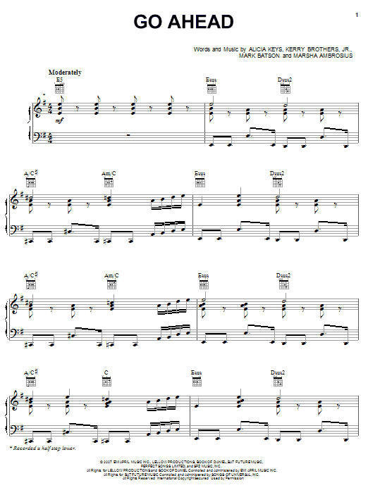 Alicia Keys Go Ahead sheet music notes and chords arranged for Piano, Vocal & Guitar Chords (Right-Hand Melody)