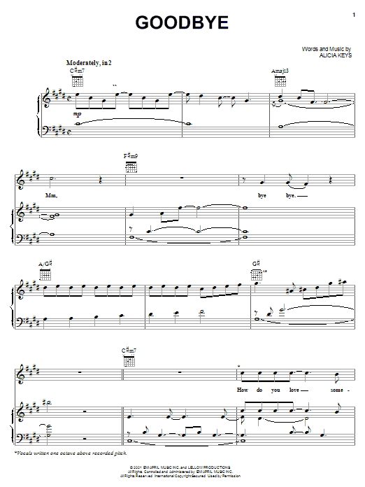 Alicia Keys Goodbye sheet music notes and chords arranged for Piano, Vocal & Guitar Chords (Right-Hand Melody)