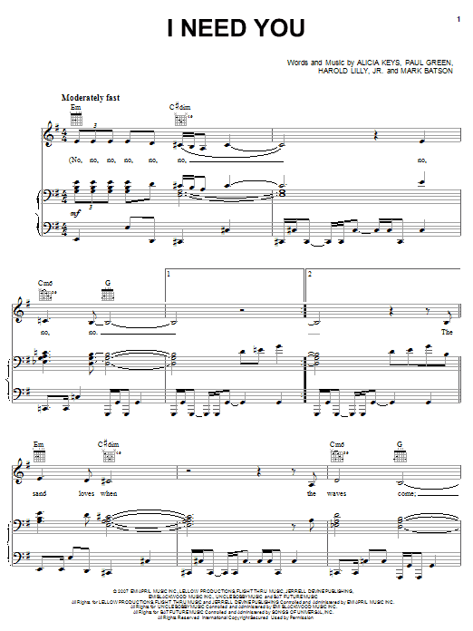 Alicia Keys I Need You sheet music notes and chords arranged for Piano, Vocal & Guitar Chords (Right-Hand Melody)