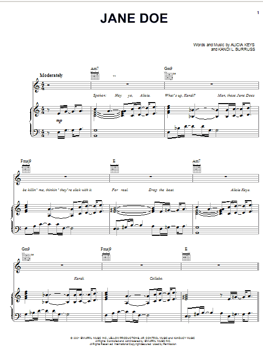Alicia Keys Jane Doe sheet music notes and chords arranged for Piano, Vocal & Guitar Chords (Right-Hand Melody)