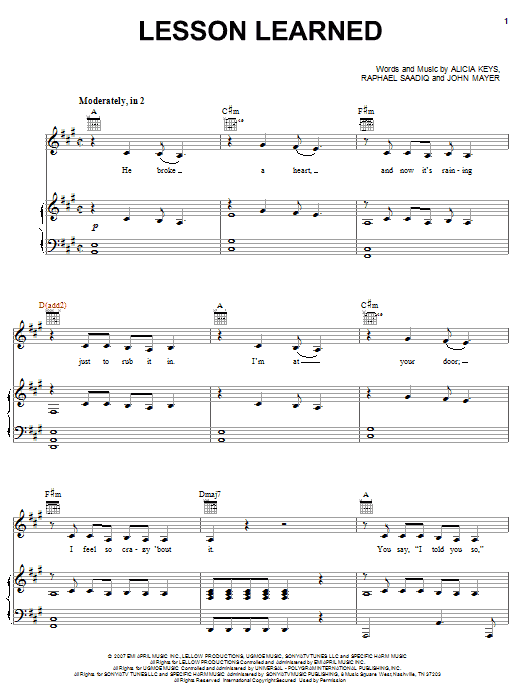 Alicia Keys Lesson Learned sheet music notes and chords arranged for Piano, Vocal & Guitar Chords (Right-Hand Melody)