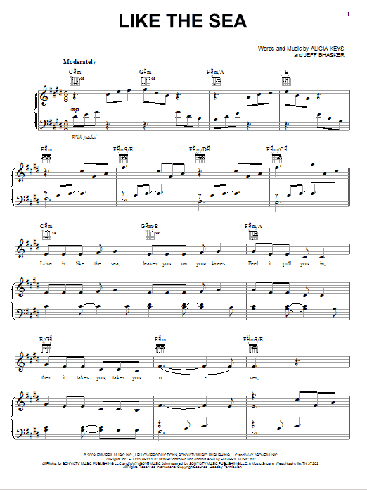 Alicia Keys Like The Sea sheet music notes and chords arranged for Piano, Vocal & Guitar Chords (Right-Hand Melody)
