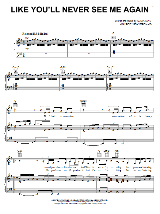 Alicia Keys Like You'll Never See Me Again sheet music notes and chords arranged for Piano, Vocal & Guitar Chords (Right-Hand Melody)