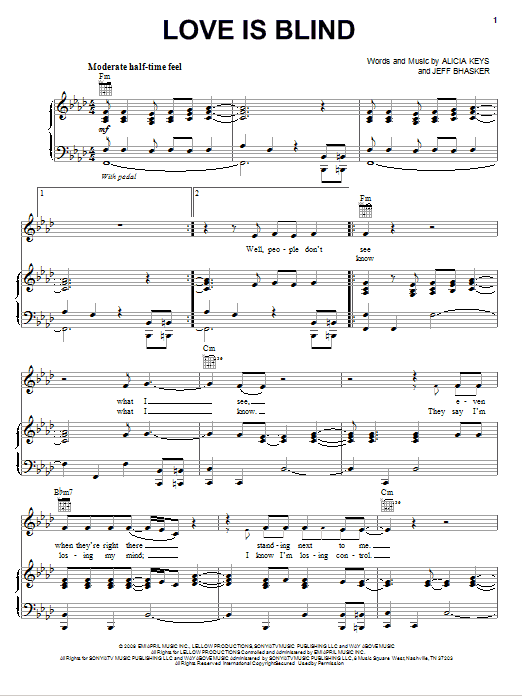 Alicia Keys Love Is Blind sheet music notes and chords arranged for Piano, Vocal & Guitar Chords (Right-Hand Melody)